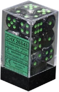 Brique de 12 d6 16mm Gemini noir/gris avec points verts