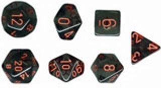 Ensemble de 7 dés polyhédriques transparents fumée avec chiffres rouges