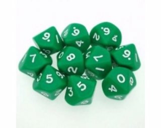Ensemble de 10 Dés 10 Faces Opaque Verts avec chiffres Blancs