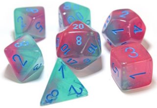 Ensemble de 7 dés polyédriques Lab Dice - Gemini Gel vert/rose avec chiffres bleus